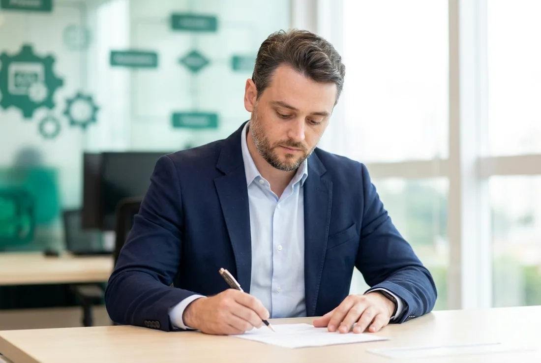 Rafael Levita trabalhando em escritório, com fluxos de automação ao fundo